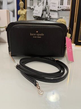 NWT Kate spade Black Leather Staci Dual Zip Around Crossbody with Gold Hardware